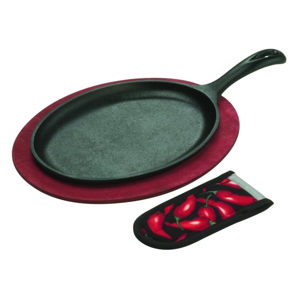 Lodge Cast Iron Fajita Set with Red Stained Wooden Underliner & Handle Mitt, 3 Piece
