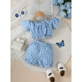 thumbnail image 3 of Mikrdoo Baby Girls Plaid Pattern 2Pcs Off Shoulder Strpas Front Bow Tops and Matching Shorts Summer Cute Clothes Blue 12-18 Months, 3 of 9