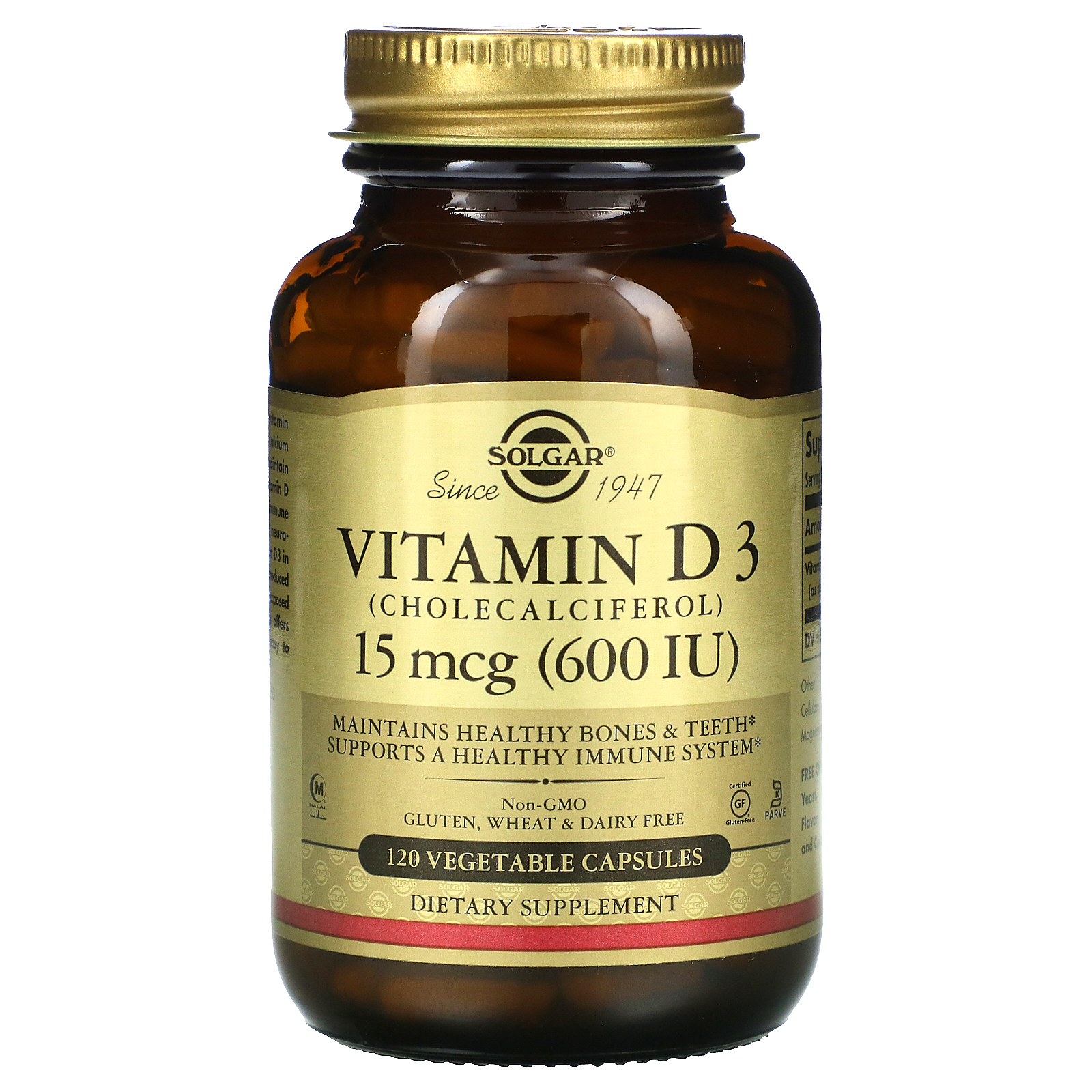 Vitamin D3 Cholecalciferol 15 Mcg 600 IU 120 Vegetable Capsules 