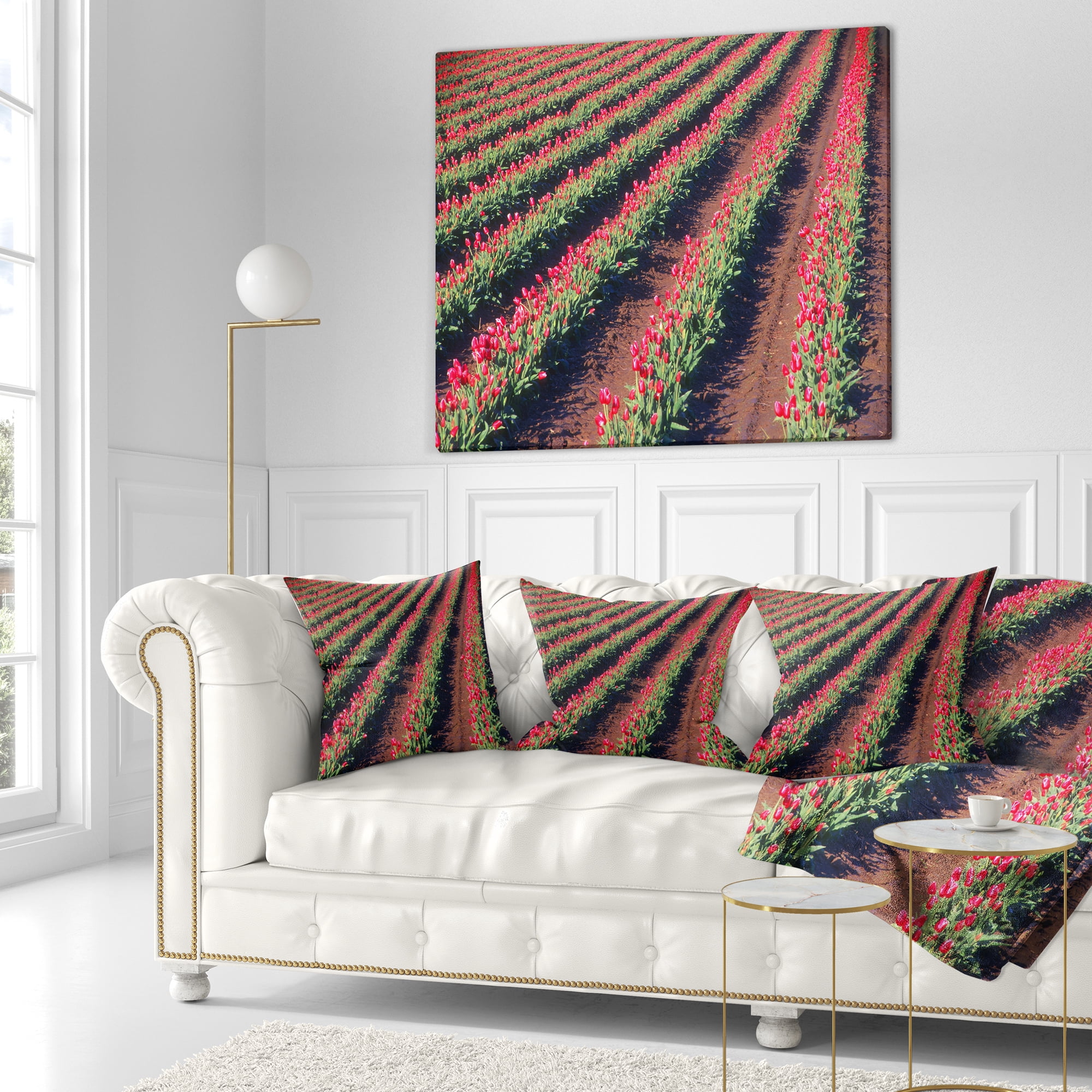 Designart Beautiful Field of Red Tulip Flowers - Landscape Printed Throw Pillow - 16x16