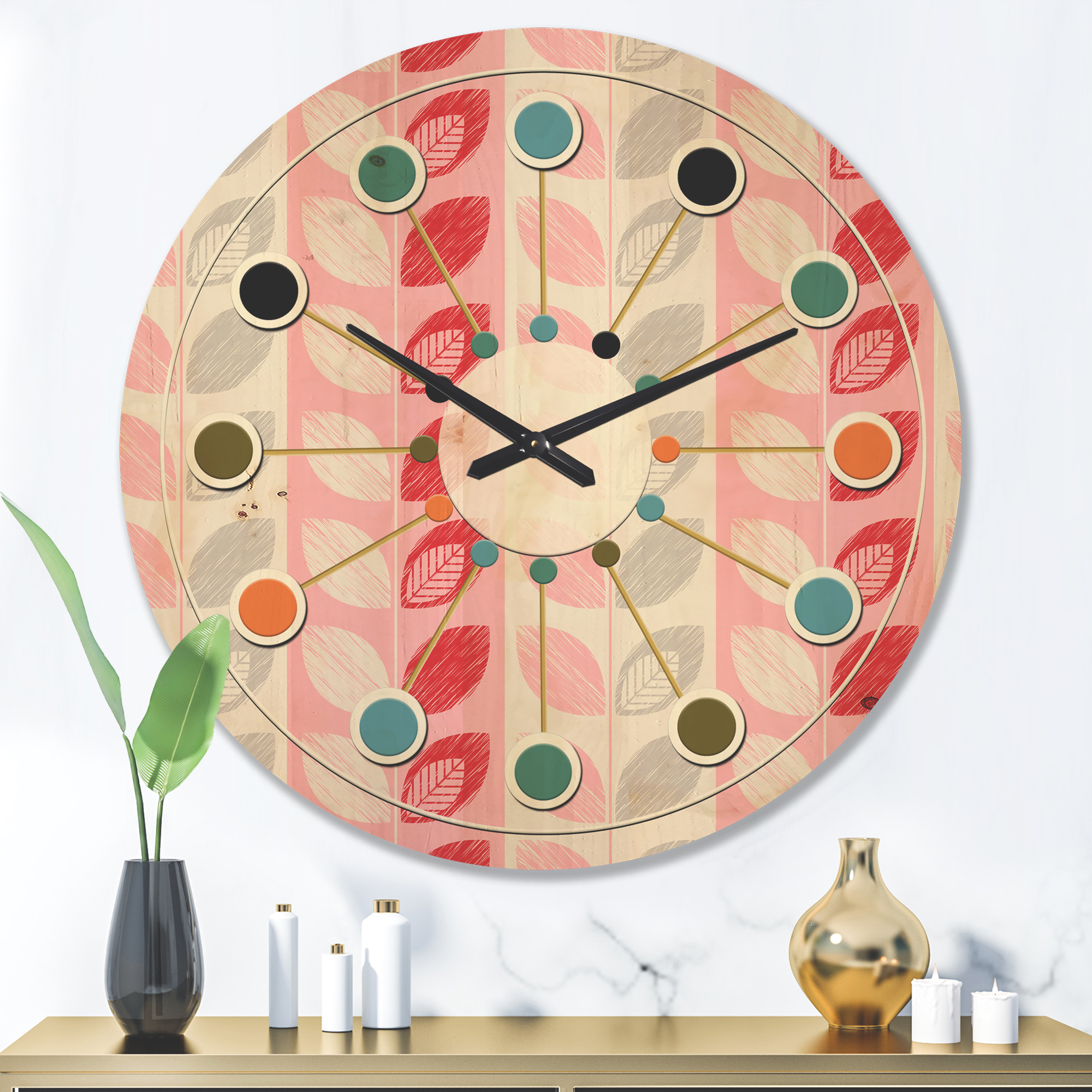Designart 'Botanical Retro Pattern Design I' Mid-Century Modern Wood Wall Clock