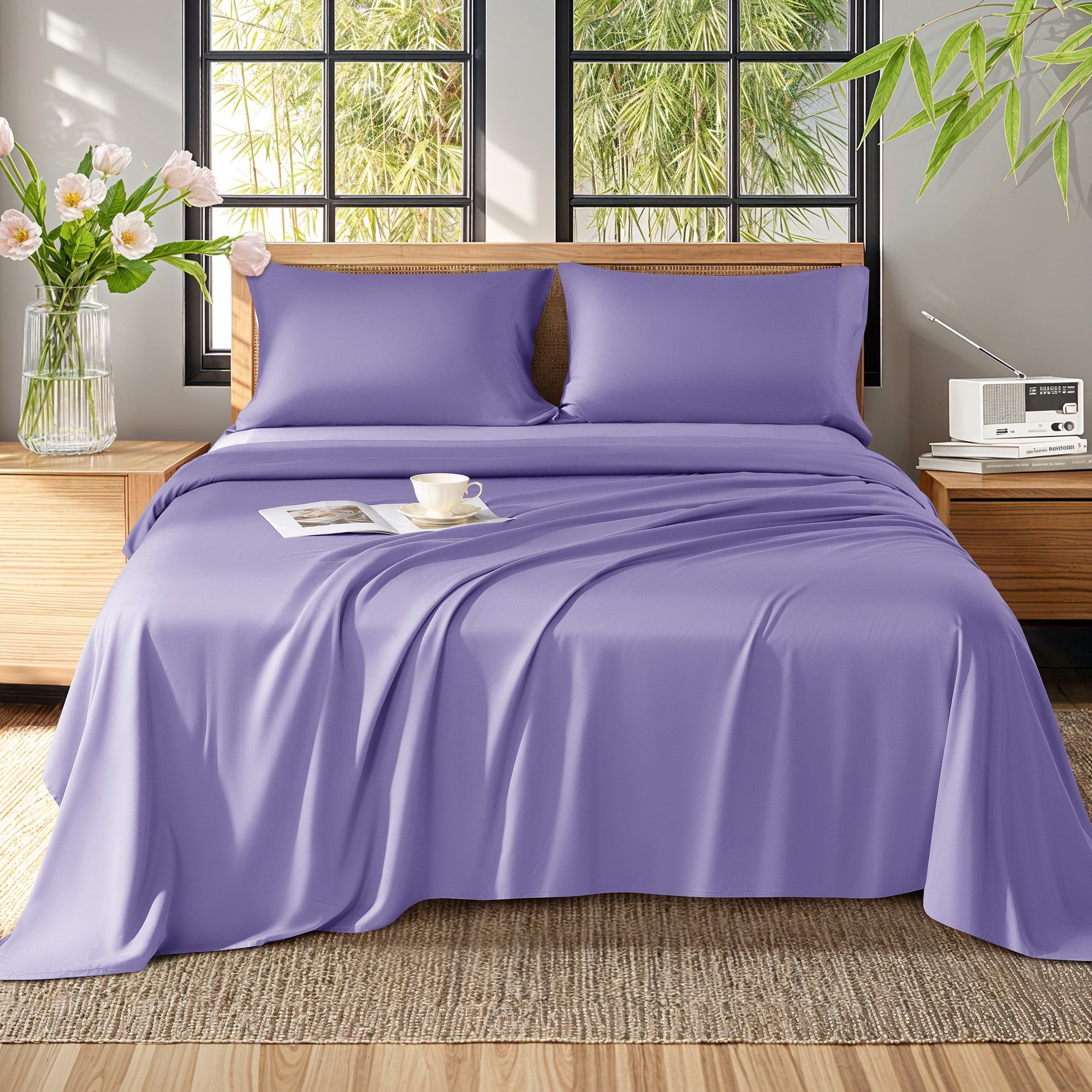 Baauye Cozy Bamboo Sheets Set, 4-Piece Queen Sheet Set with 16" Deep Pockets, Soft and Breathable Bed Sheets, Lavender