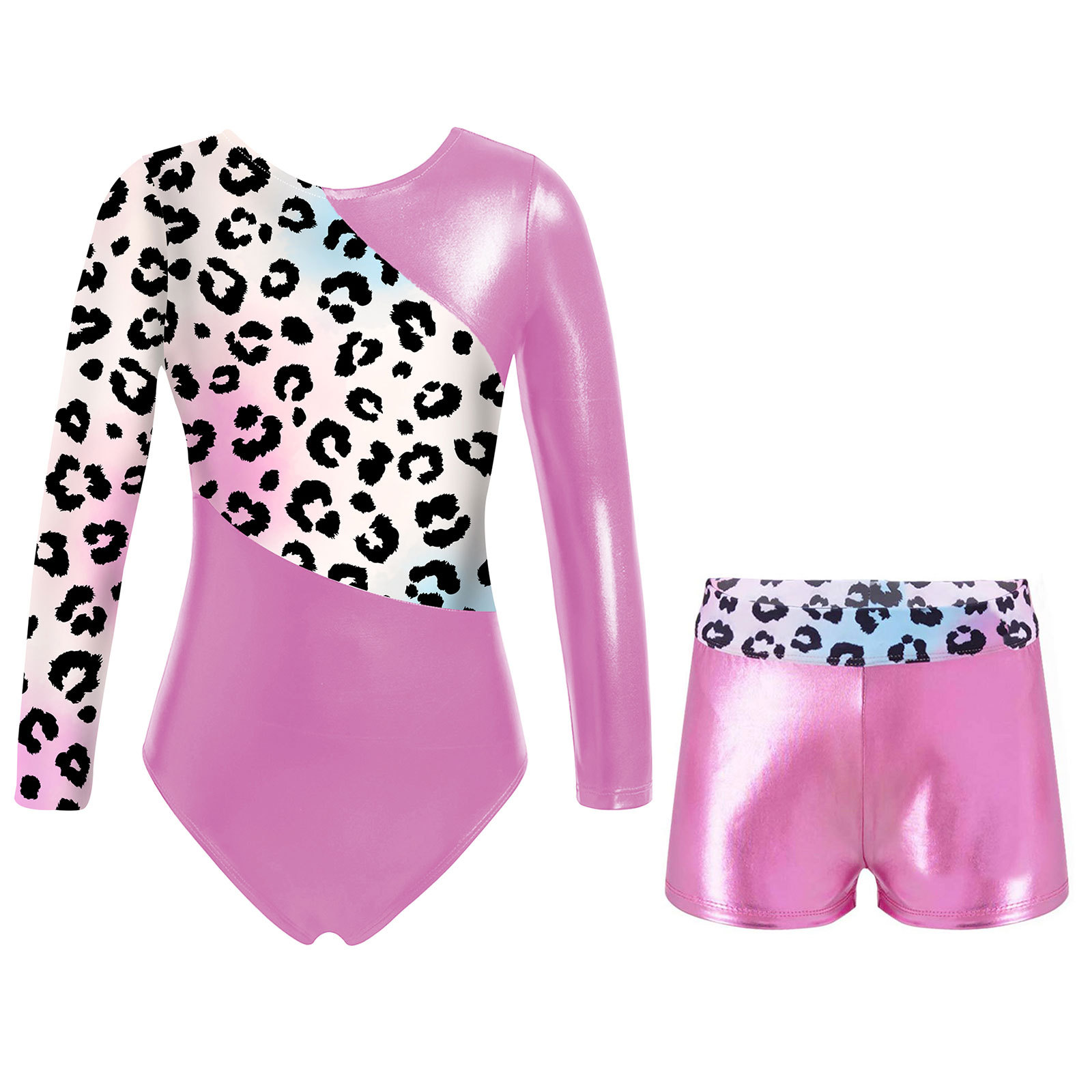 MSemis Kids Girls Leopard Print Dance Outfit Long Sleeve Leotard with