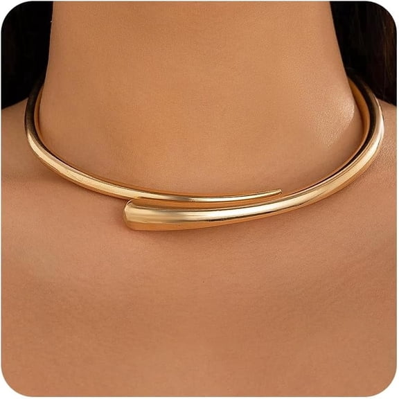 YMCSTONEMA Gold Tone Chunky Choker Necklace For Women Waterdrop Choker Collar Necklace Bold Statement Necklaces Spring Hinged Open Necklaces Trendy Jewelry[xl1076]