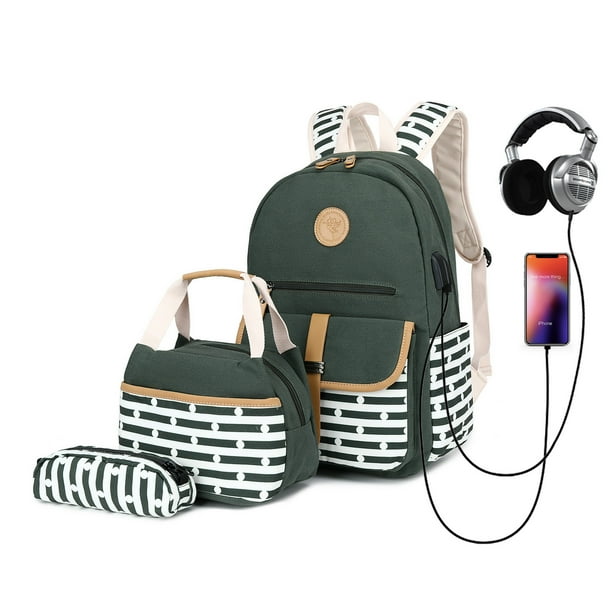 Mochilas escolares verde militar para niñas adolescentes Mochila de lona ligera Mochila a rayas Mochilas para niños Set 3 en 1