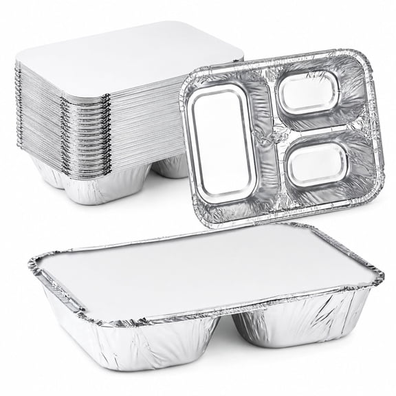 Nicole Fantini's Disposable Aluminum 8 1/2" x 6 3/8" Three Compartment Oblong Foil Tray with Aluminum Lid | Best Take-out Container: 10 Sets