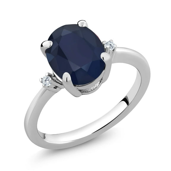Gem Stone King 3.03 Cttw Blue Sapphire and White Moissanite 3-Stone Ring for Women | 925 Sterling Silver | Oval 10X8MM | Gemstone Birthstone | Three Stone Wedding Engagement Anniversary Ring | Size 6