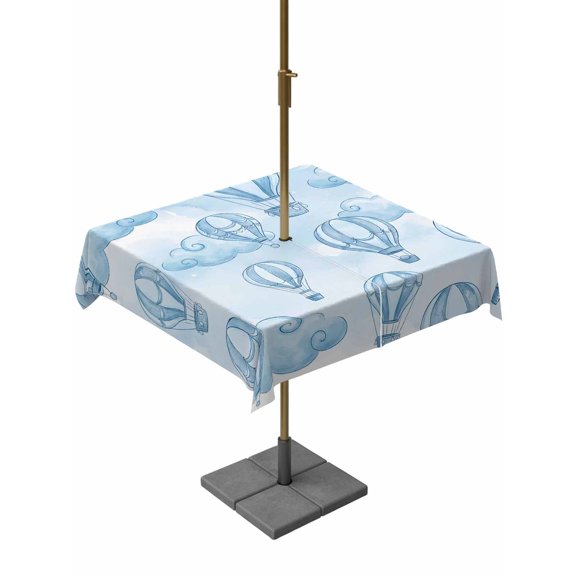 Outdoor Tablecloth with Umbrella Hole for Patio/Picnic/Party/Camping, Blue Ombre Hot Air Balloon Waterproof Table Cloth Square Cover Washable, Modern Balloon Float Clouds (54"x 54")