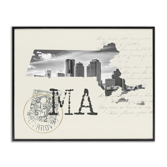 Stupell Industries Eclectic Massachusetts Black and White Photograph on Cream Paper Postcard Black Framed Giclee Art, 14 x 11, by Lil' Rue