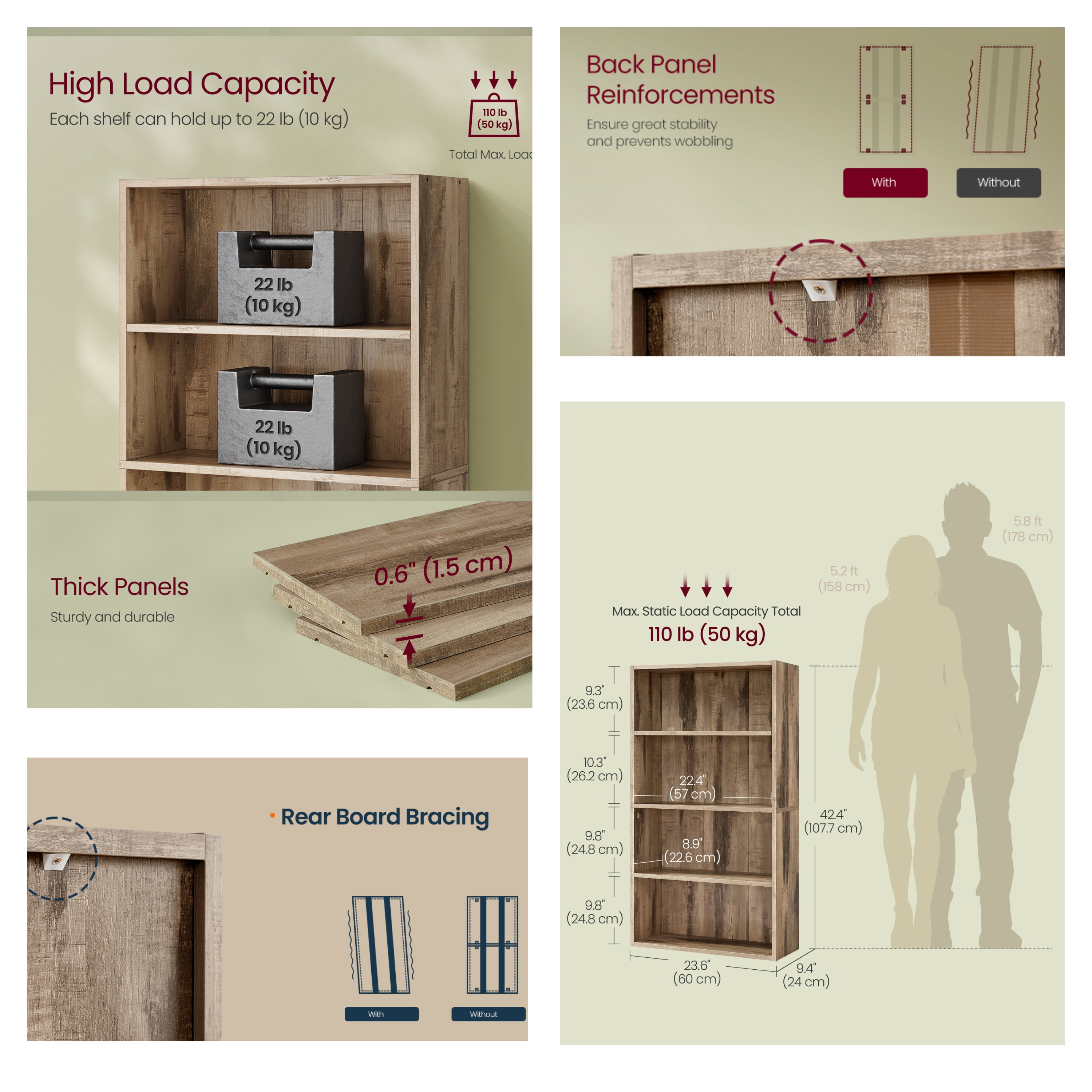Ledrem 4-Tier Freestanding Bookcase with Open Shelving, Milk Mocha