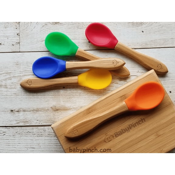 BabyPinch Boutique Rainbow Slicone Baby Spoons with Bamboo Handles set in Keepsake Box