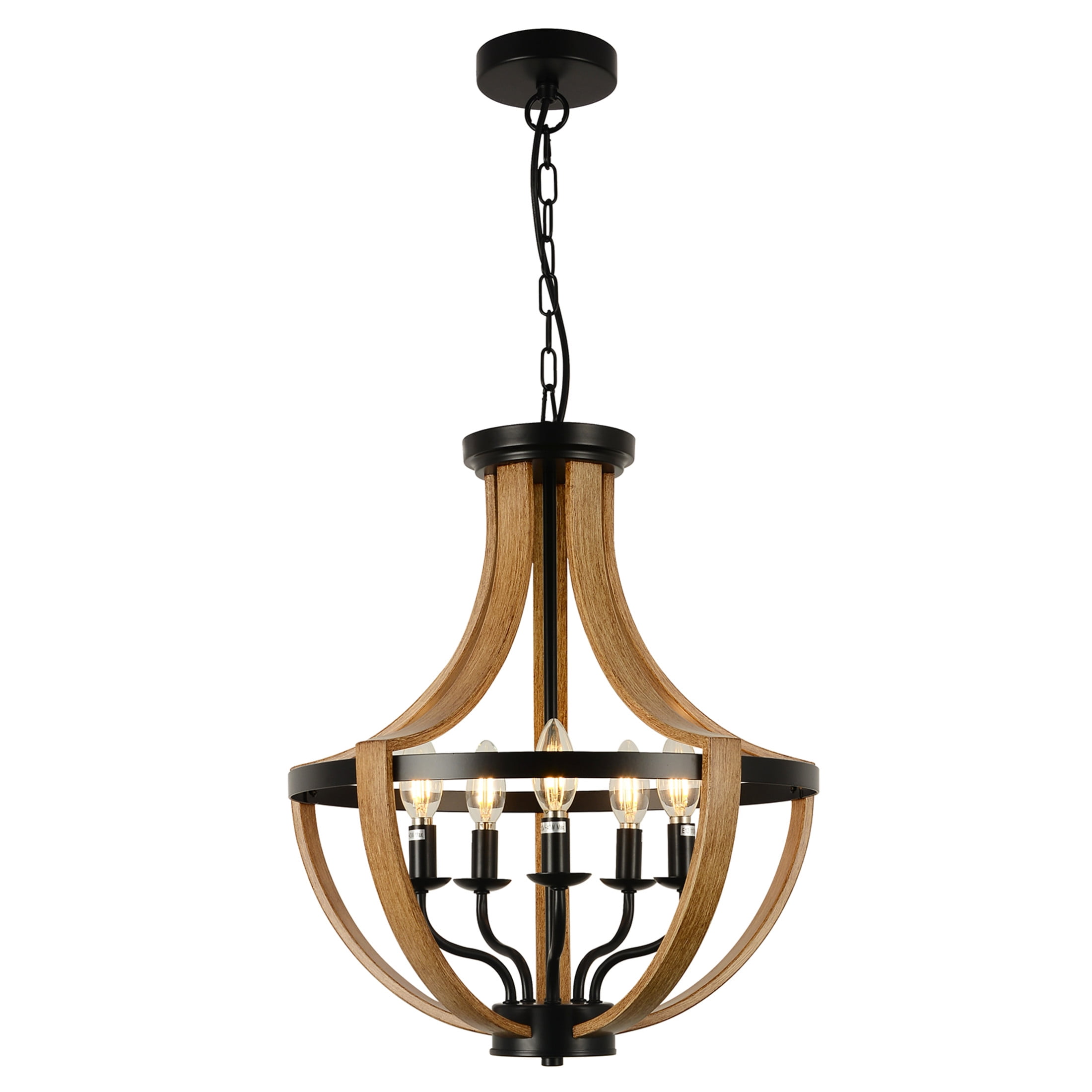 Noble House 17.7" 5-Light Farmhouse Wood Geometric Chandelier, Rustic Dining Room and Foyer Pendant Light, Brown
