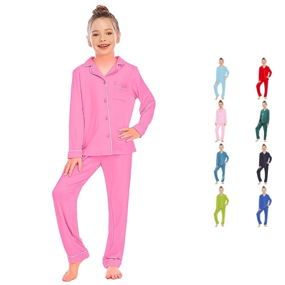 REDARER Boys Girls Solid 2 Piece Pajamas Long Sleeve Lapel Button Up White Loose Comfort Sleep Pants Set,8-9 Years