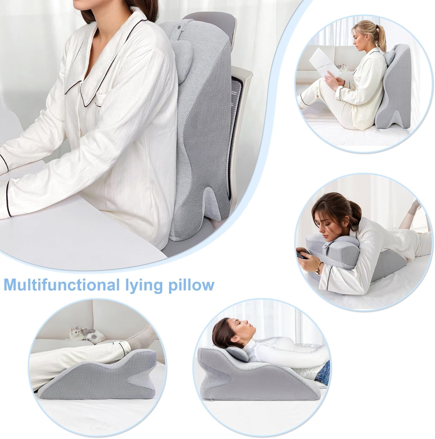 ShadeMart Light Grey Adult Ergonomic Memory Foam Bed Triangle Wedge Pillow Headboard with Face Down Massage Prone Pillow Function for Reading, with Washable Cover