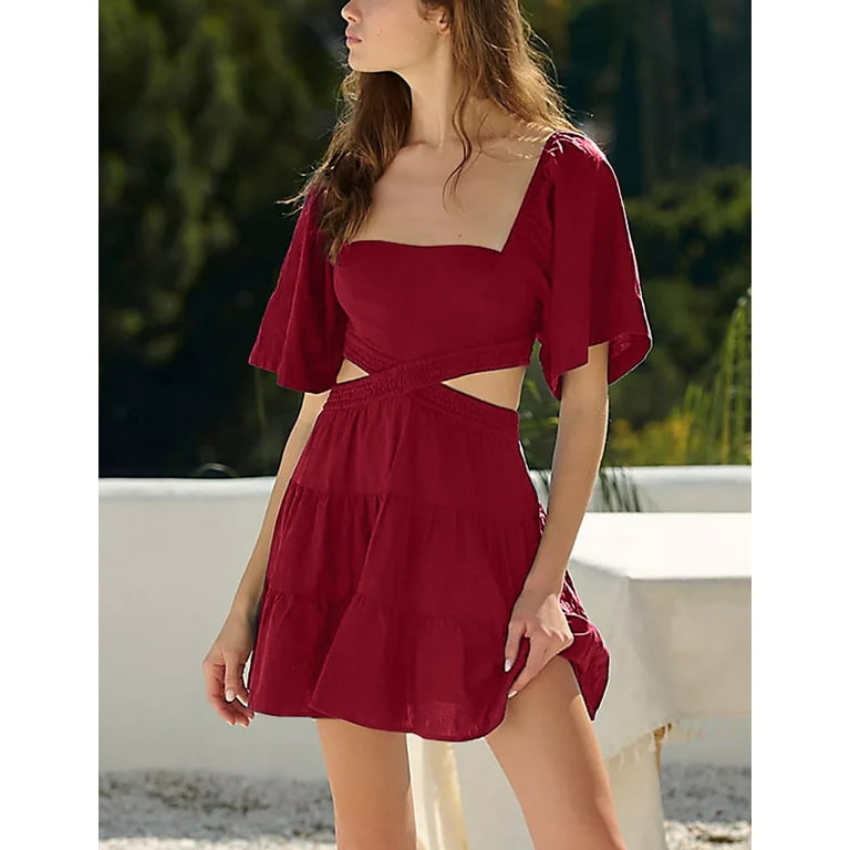 Inadays Women's Summer Square Neck Dress Short Sleeve Casual Flowy A-Line  Mini Dress Ruffle Elastic Waist Cut Out Short Dresses, Wine Red, S