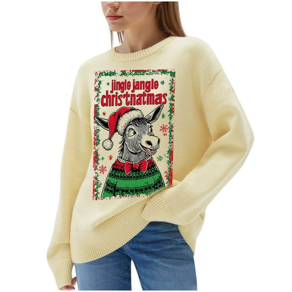 Byworldtasic Christmas Prints Sweater for Womens Oversized Crew Neck Top Long Sleeve Knit Pullover Sweater