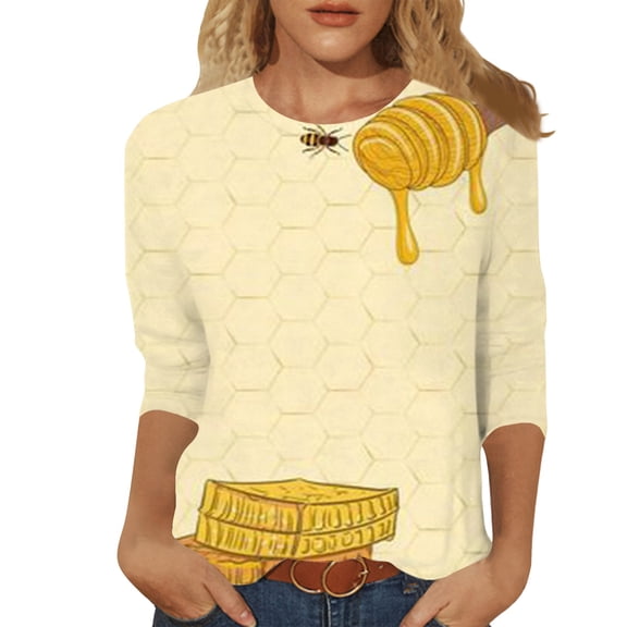JLFKNG Women's Tee Shirts Fashion Letter Printed Bee Festival Style T-Shirts V Neck 3/4 Sleeve Breathable Loose Fit T Shirt Tops Womens Dailywear