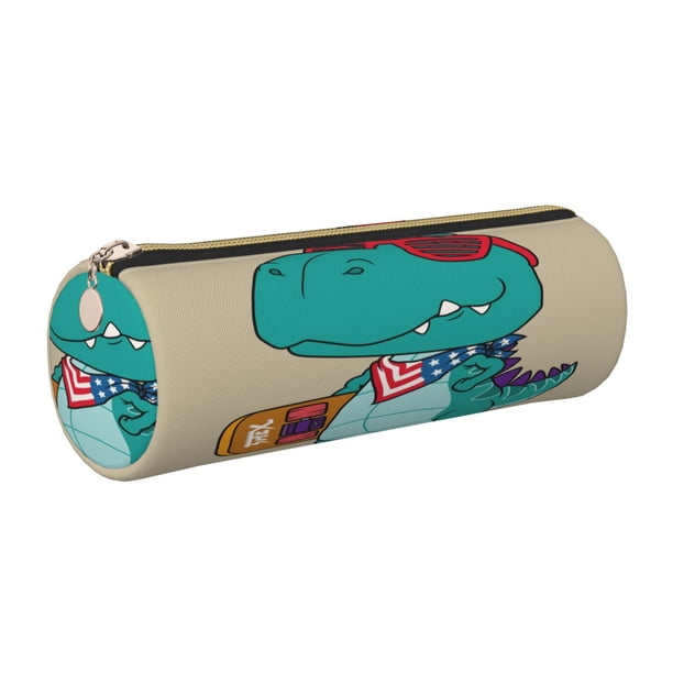Easygdp Cool Dino Playing Skateboard para Estuche de Lápices Cilíndrico de Cuero con Cremallera, Organizador de Lápices de Cuero para Escuela, Oficina y Viajes