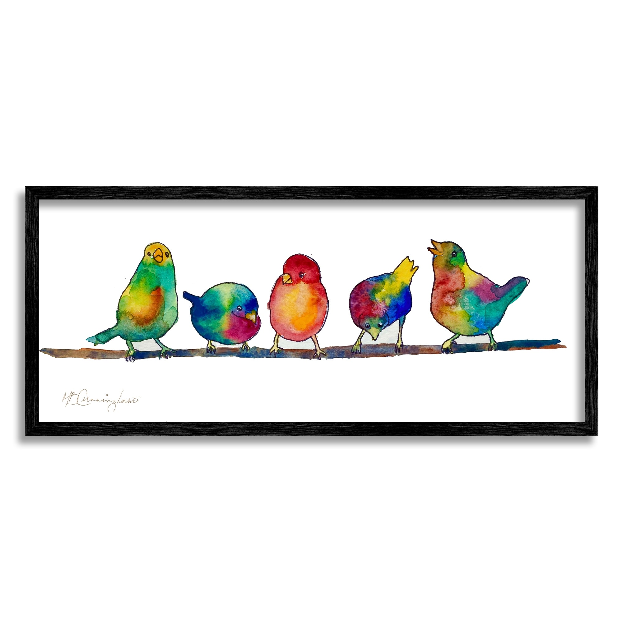 Stupell Industries Groovy Tie Dye Parakeet Birds Standing Branch Paintings Black Framed Art Print Wall Art, 30x13, by MB Cunningham