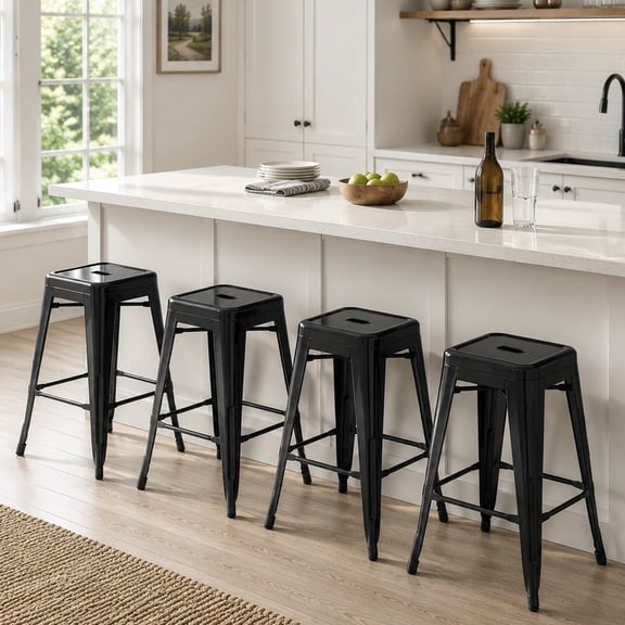 VINEEGO 24 Inch Metal Bar Stools Set of 4, Stackable Backless Counter Height Stools for Kitchen, Bar, Restaurant, Indoor Dining, Scratch Resistant Steel, Black