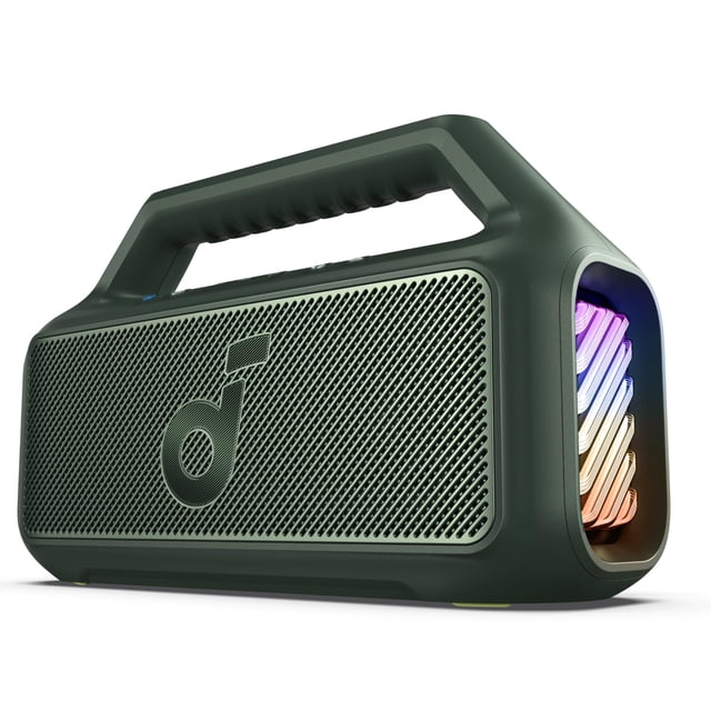 soundcore Boom 2 de Anker, altavoz para exteriores, 80 W, subwoofer, BassUp 2.0, tiempo de reproducción 24 h, resistente al agua IPX7, flotante, luces RGB, USB-C, ecualizador personalizado, Bluetooth