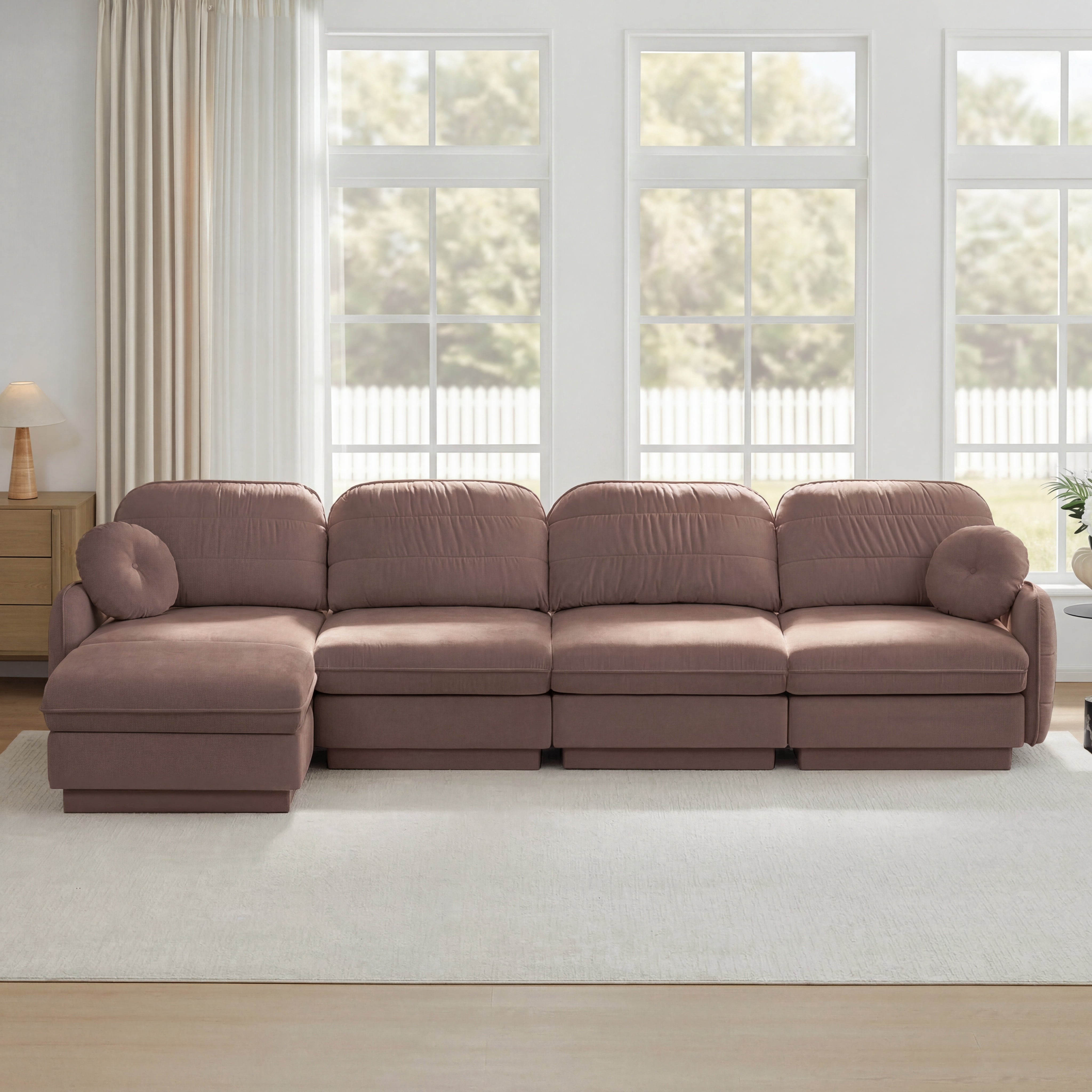 Mintazer 137" Chenille Cloud 4-Seater Modular Sectional Sofa with Movable Ottoman & Round Pillows, L-Shaped Ergonomic Sofa Couch for Living Room, Apartment, Rose Dust