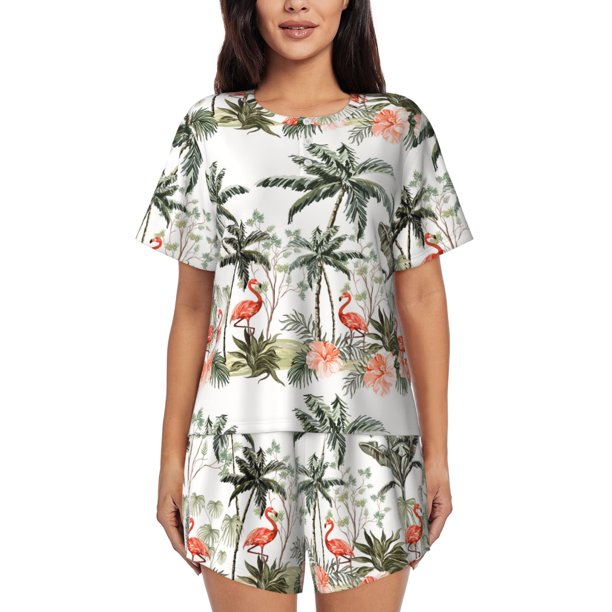 Balery Flamingo Palm Trees Conjunto de Pijama para Mujer con Estampado, Dos Piezas de Manga Corta y Shorts, Ropa de Dormir Suave con Cuello Redondo y Bolsillos-XX-Large