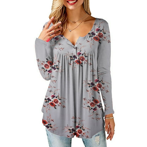 Anbech Women V Neck Button Floral Print Tshirt Long Sleeves Casual Tee Tops