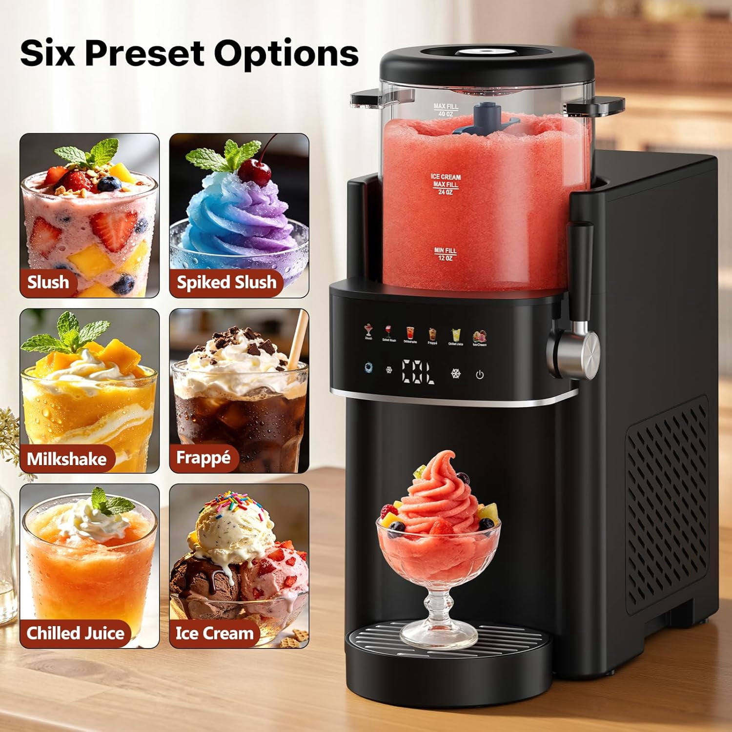 Slushie Machine, Electric Ice Cream Maker with Rapid Cooling & Temperature Control, Multi-functional Frozen Drink Maker for Margarita Frappe Cocktail, Easy Clean Household Slushy Maker Black
