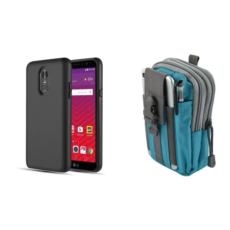 Mp4 Protective Pouch - Slim Dual Layer Rugged Hybrid Armor Protective Cover Case (Black) with Teal Blue Tactical EDC MOLLE Utility Waist Pack Holder Pouch, Atom Cloth for LG Stylo 4+ Plus/LG Stylo 4 (2018)