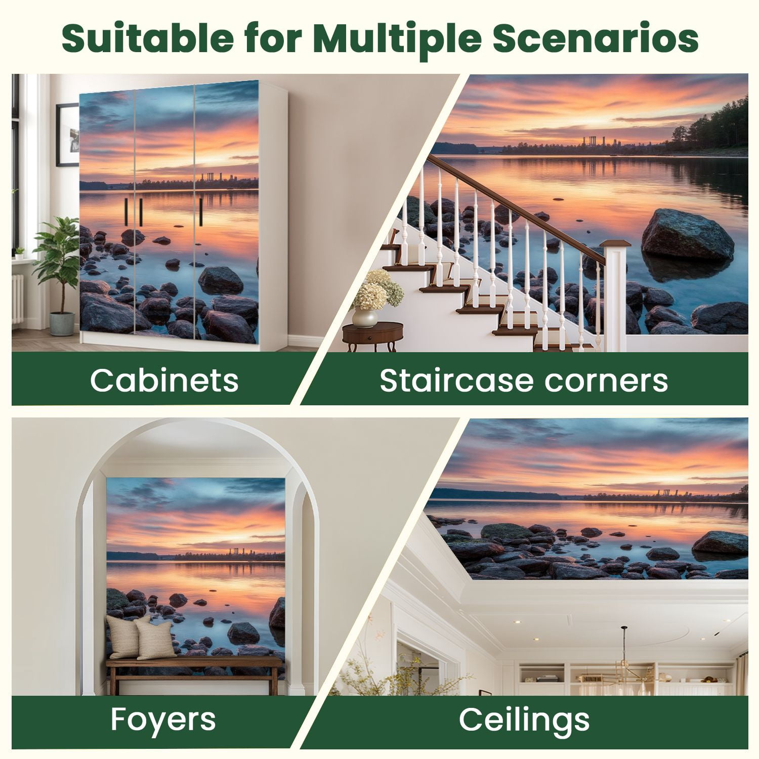 Peel and Stick Wallpaper Cloudscape Lake Sunset Removable Wall Mural Water Rocks Sky Distant Modern Art Wall Mural Decor Self Adhesive and Removable 100in x 144in
