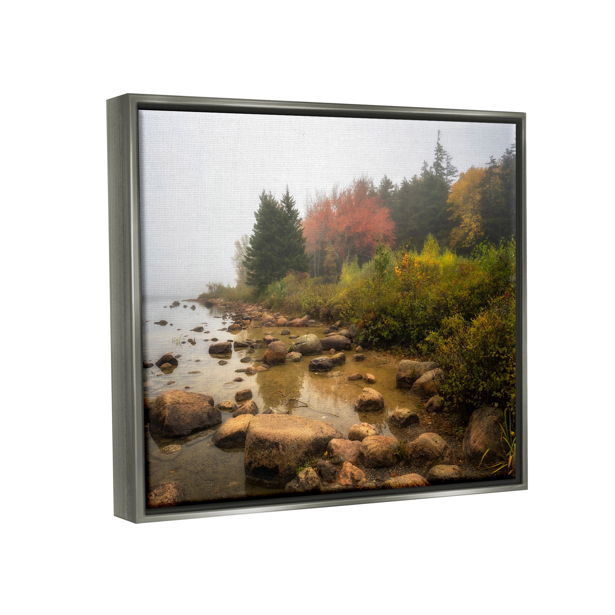 Stupell Industries Rocky Shore Woodland Foliage Coastal Photography Gray Floater Framed Art Print Wall Art