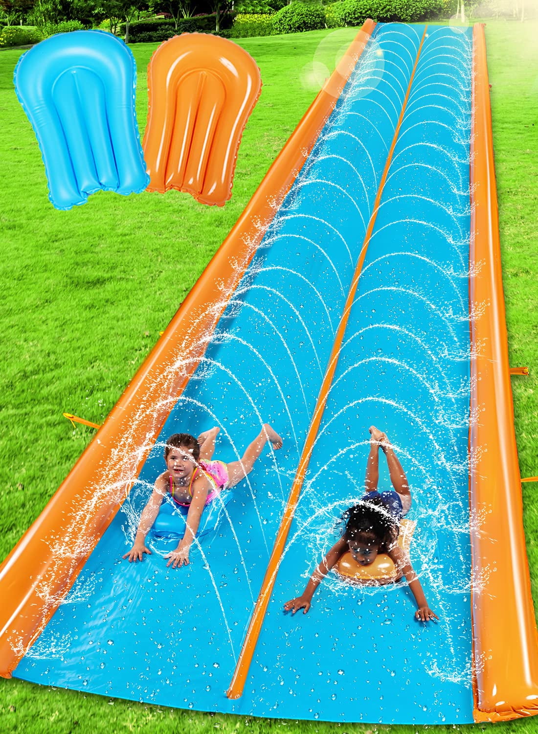 Joyfy 25ft x 6ft Double Water Slide for Kids, Heavy Duty Lawn Water Slide with Sprinkler and 2 Slip Inflatable Boards for Summer Yard Lawn Outdoor Water Play Activities