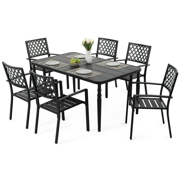 Nuu Garden 7-Piece Outdoor Metal Dining Set with 6 Stackable Chairs, Patio Powder-Coated Metal Dining Set with Umbrella Hole, All-Weather Table and Chairs for Patio, Deck, Garden, Yard, Black