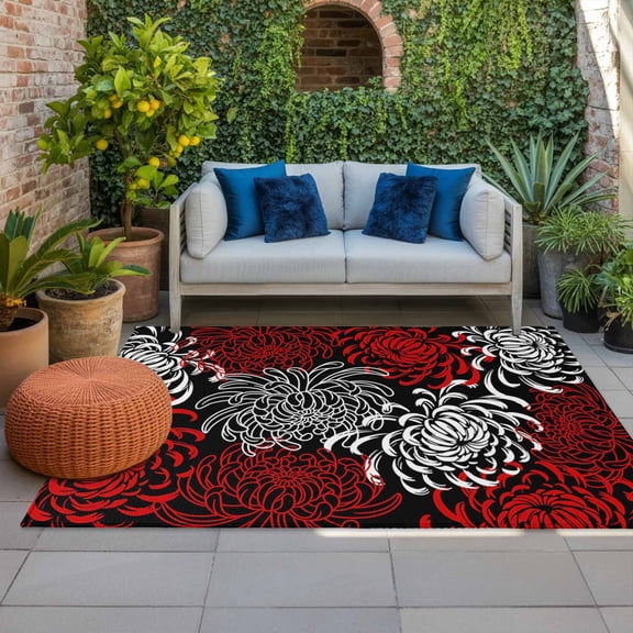 Outdoor Rug 3x5 ft Red Floral Outdoor Large Area Rug Non Slip Rubber Gradient Abstract Flowers Front Door Mat RV Rug Camping Carpet Patio Outdoor Rugs for Backyard Balcony Deck Porch Indoor