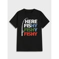 thumbnail image 3 of Camiseta gráfica "Here Fishy Fishy" para hombre: camiseta informal de algodón negra con estampado de cañas de pescar de colores, cuello redondo y manga corta. Ideal para actividades al aire libre en v, 3 of 4