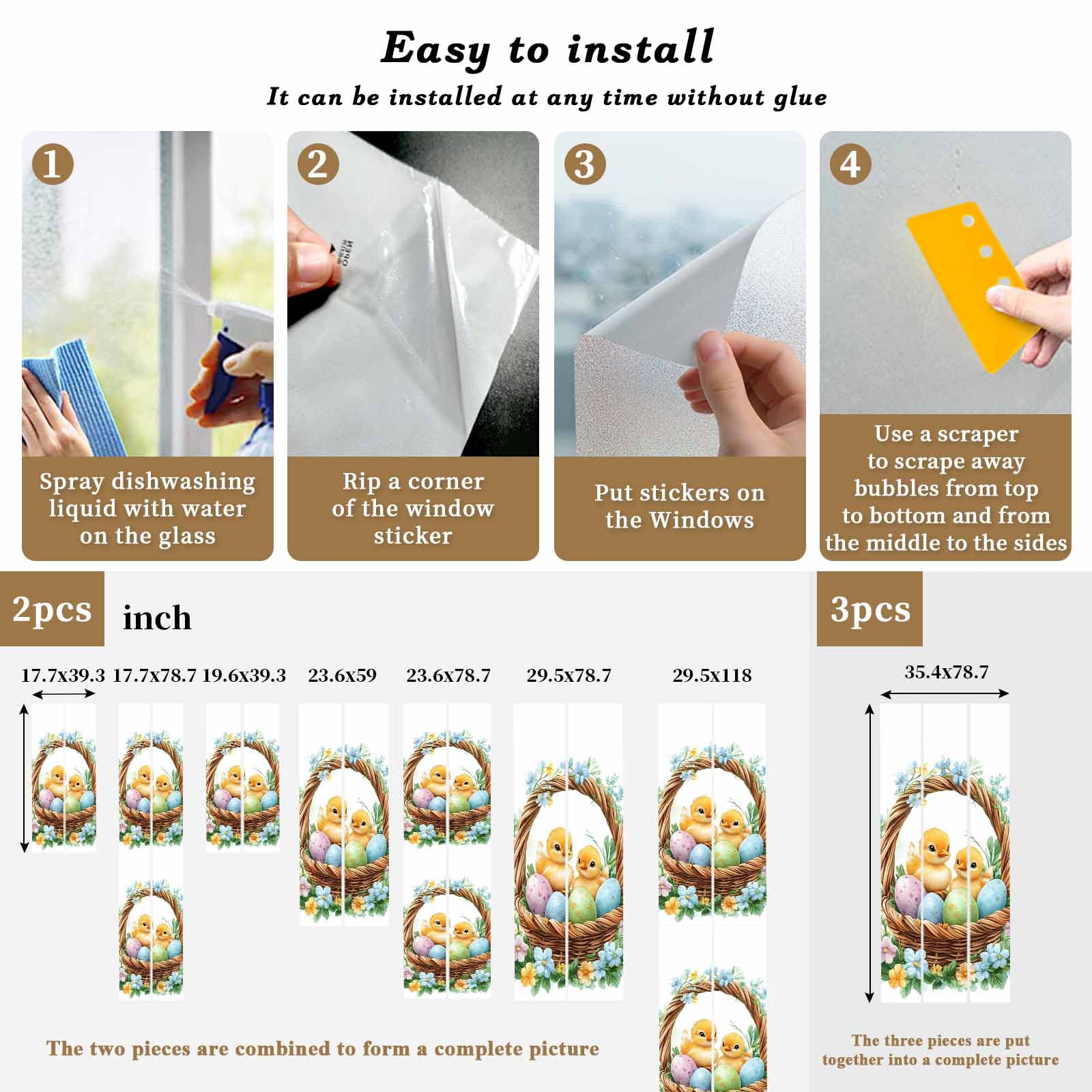 Easter Basket Chick Window Privacy Film, Watercolor Purple Blue Eggs Spring Blue Floral Leaf Frosted Glass Window Clings Static Cling UV Heat Blocking Reusable Door Sticker for Bedroom 23.6x78.7 Inch