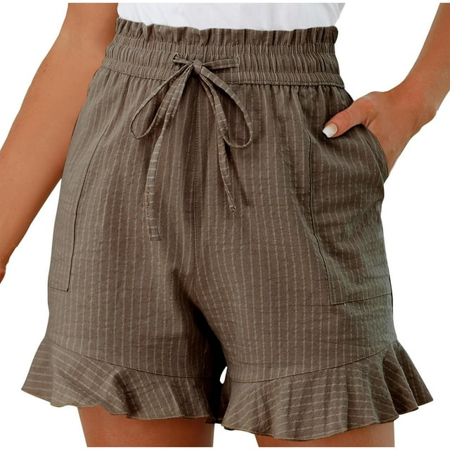 Besolor Summer Shorts for Women Trendy Striped Elastic Waist Drawstring Ruffle Hem Beach Lounge Shorts with Pockets