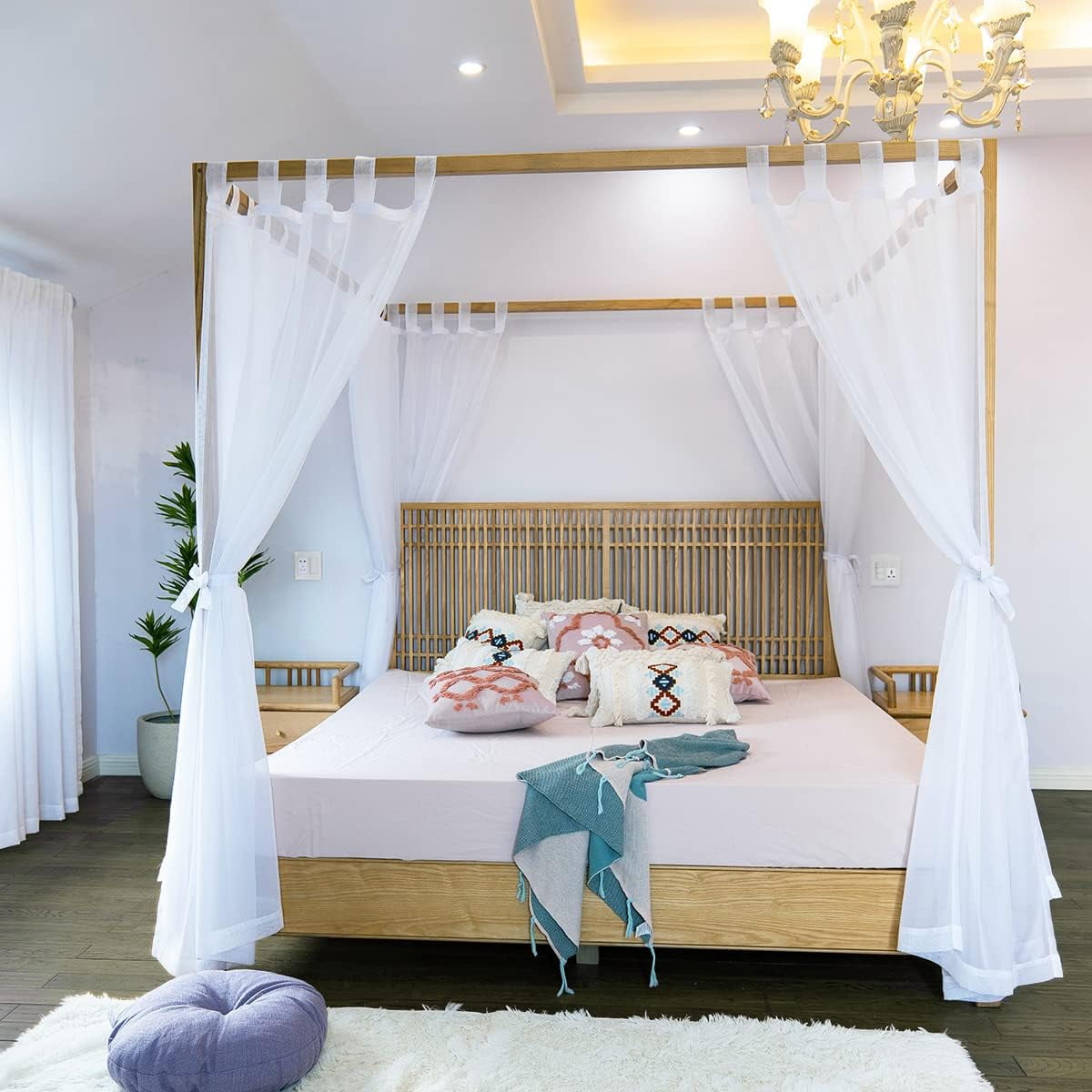 Black Canopy Bed Curtains - 8 Panels Set with Tiebacks, Easy Open & Close Tabs, Quick Install for 4 Poster Bed or Queen Bed Frames, Romantic Touch for Bedrooms, Canopy Bed Curtains Queen