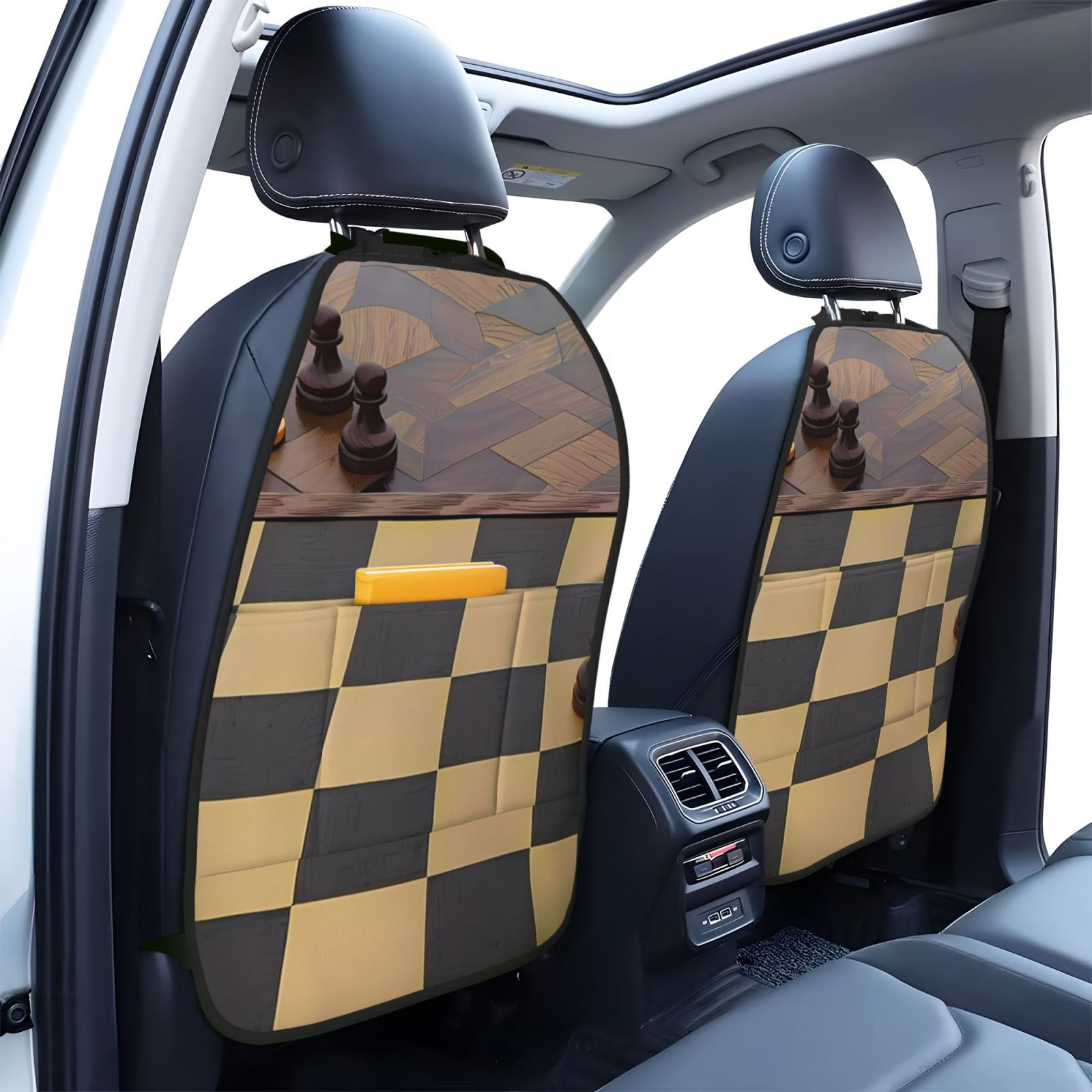 Xecao Chess Board With Pawns Pattern Car Seat Back Protector 2 Pack Large Capacity Pocket, Kick Mats Back Seat Protector