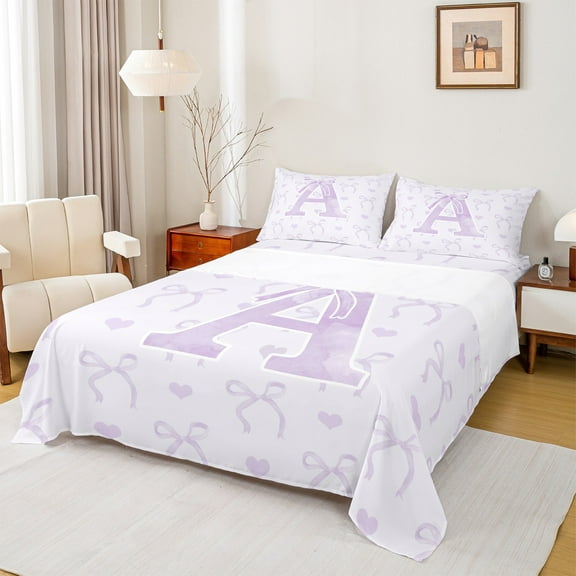 jejeloiu Monogrammed A Twin Sheet Sets,Cute Bowknot Bowtie Twin Fitted Sheet,Light Purple White Flat Sheet,Microfiber Room Decorative,3-Piece