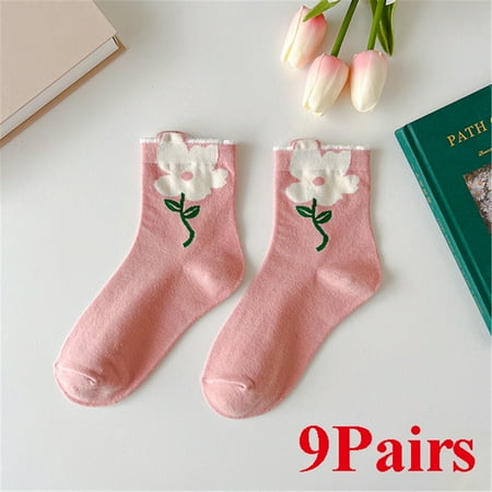 

9 Pairs/lot Women Harajuku Retro Embroidery Spring Kawaii Lolita Socks Tulip Flower Stockings for Christmas Gift #04