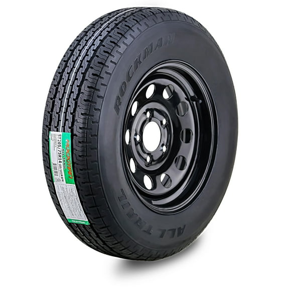 ROCKMAN Trailer Tire Wheel Assembly ST205/75R14 8-Ply D 105M 5 Lug on 4.5" PCD Black Mod Rim