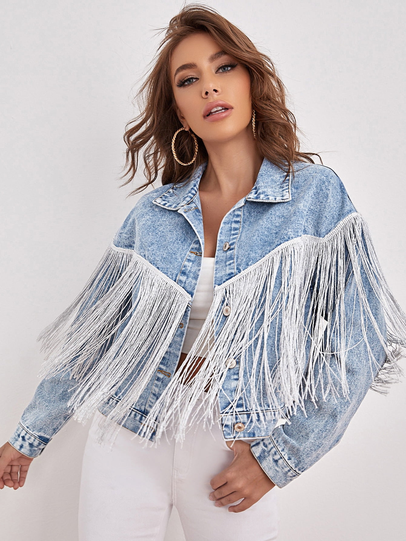 Women's Drop Shoulder Fringe Trim Denim 
