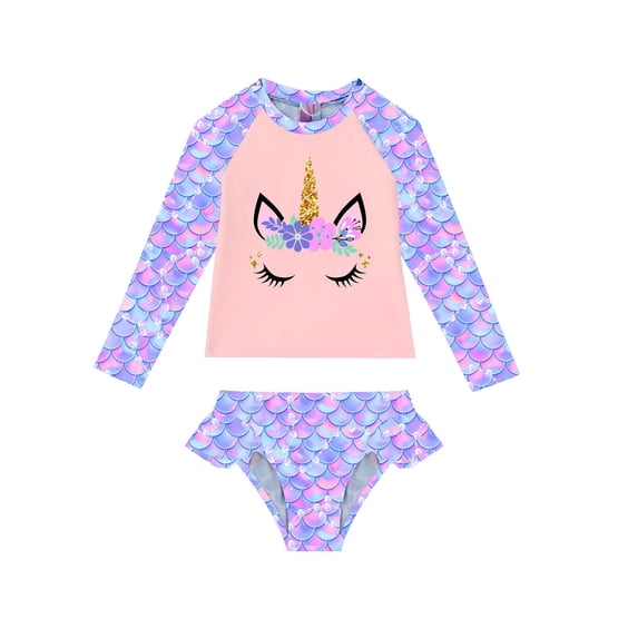 IEFIEL 2Pcs Kids Girls Fish Scales Print Swimsuit Long Sleeve Cartoon Horse Print Tops and Briefs Set
