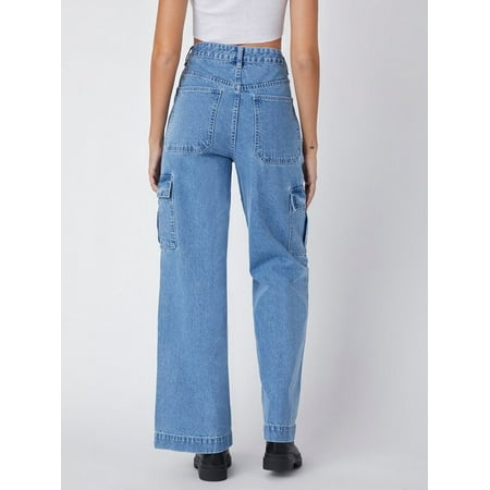 LIENRIDY Women's Vintage High-Waist Flap Pocket Whip Stitch Cargo Jeans ...