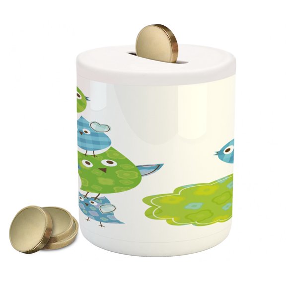 Cartoon Piggy Bank, Happy Animals Playing with Each Other Singing Birds Colorful Art Design, Ceramic Coin Bank Money Box for Cash Saving, 3.6" X 3.2", Lime Green Blue, by Ambesonne