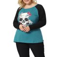 thumbnail image 5 of Unique Bargains Juniors' Plus Size Floral Skull Contrast Color Raglan Top 1X Azure, 5 of 6