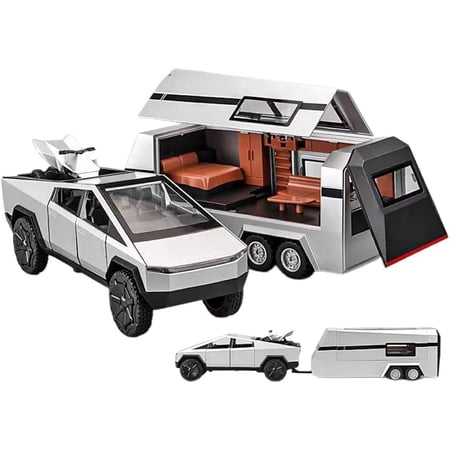 1/32 Pickup Trailer RV Model Kit, Off-Road Vehicle Alloy,Car Model Diecast Metal Toy,Truck Model Simulation Sound Light,Gifts for boy Girl, Silver