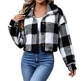thumbnail image 3 of Plaid Jacket for Women, Winter Fuzzy Fleece Button Copped Coat, Long Sleeve Lapel Collar Casual Warm Outerwear, 3 of 7
